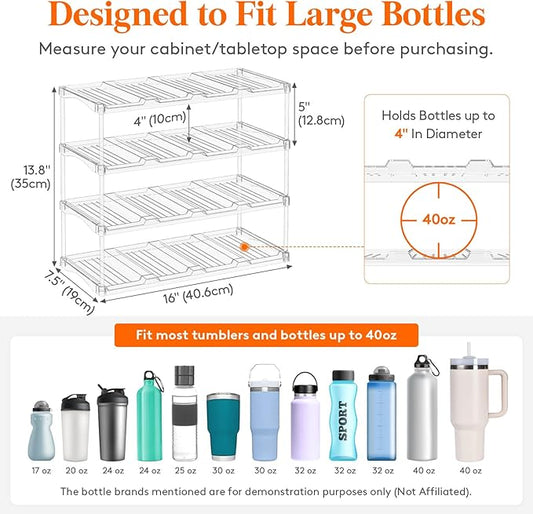 Lifewit Stackable Water Bottle Storage Organizer, Clear Tumbler Cup Mug Organizer, Plastic Large Compartment Wine Rack for Fridge Cellar Kitchen Pantry Storage, 4Tier Hold 16