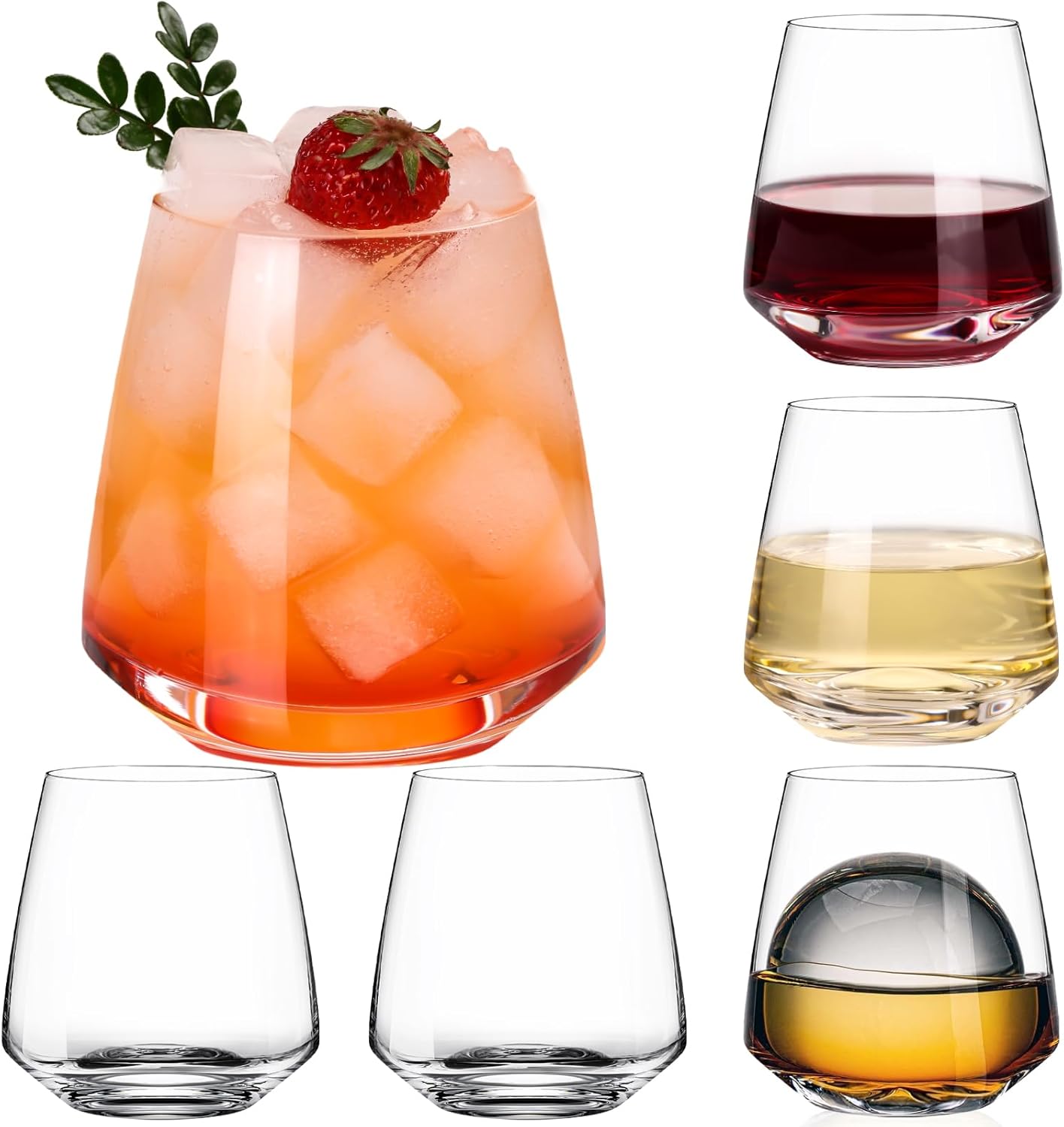 Stemless Wine Glasses Set of 6-14.5oz Hand Blown Heavy Red White Wine Glasses Unique gifts for him/her wedding, birthday, Mother's/father's day, anniversary