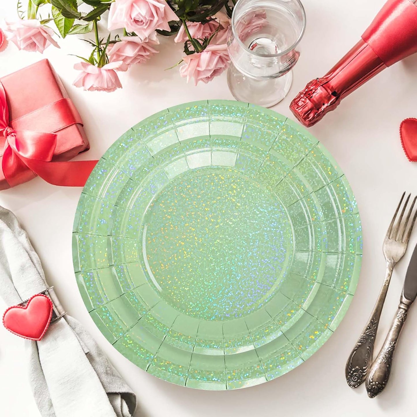 50 Pcs Iridescent Sage Green Paper Plates 25 × 7'' and 25 × 9'' Disposable Green Shiny Holographic Foil Dinner Plates for Wedding Baby Shower Birthday Party Glitter Dessert Plate