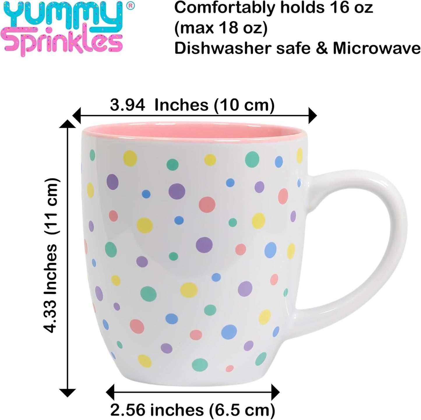 Coffee mug Sakura flower (Cherry Blossom Pink) with Pastel Confetti Sprinkles | Birthday Cake Coffee Cup Gift | Large White Ceramic Cup | Fun Polka Dot Pattern