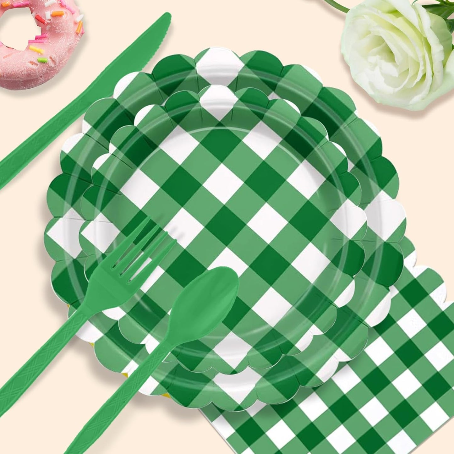 192 PCS Gingham Party Supplies Serve 24 Guests Gingham Plates and Napkins and Cups for Birthday Decorations Baby Shower Checkered Party Dinnerware Sets for Girl Boy Dark Sage Green Christmas