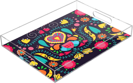 Acrylic Serving Tray with Handles Spill Proof Kitchen Storage Tray Clear Decorative Tray Makeup Drawer Organizer Storage Tray for Bathroom Living Room Ottoman 15.7x11.8Inches