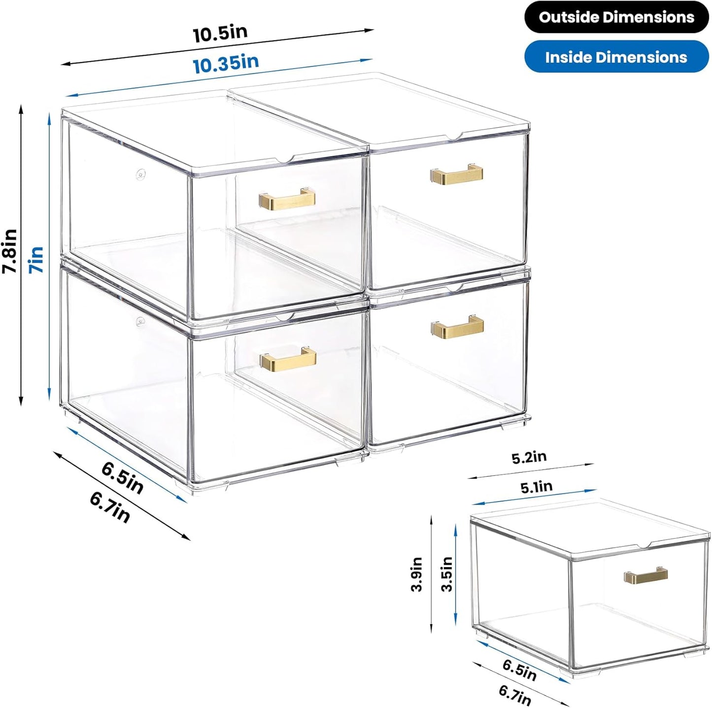 4 Pack Plastic Storage Bins, Acrylic Bathroom Makeup Organizer with Handle, Clear Small Stackable Storage Drawers for Vanity, Home, Kitchen Cabinet, Pantry, UnderSink Organization(6.7"D x 10.6" x 8"H)
