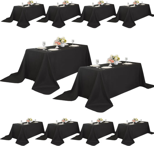 10-Pack 90x156 inch Black Table Cloths, Solid Stain and Wrinkle Resistant Oblong Tablecloth, Premium Plain Weave Polyester Fabric Rectangle Table Linen Covers for Hotel, Banquet