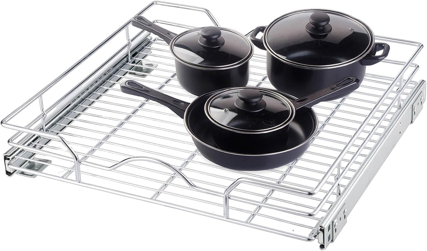 OCG Pull Out Cabinet Organizer (14.75" W x 17" D), Pull out Drawers, Cabinet Pull Out Shelves for Base Cabinet Organization in Kitchen Bathroom Pantry, Bottom Mount, Chrome Finish