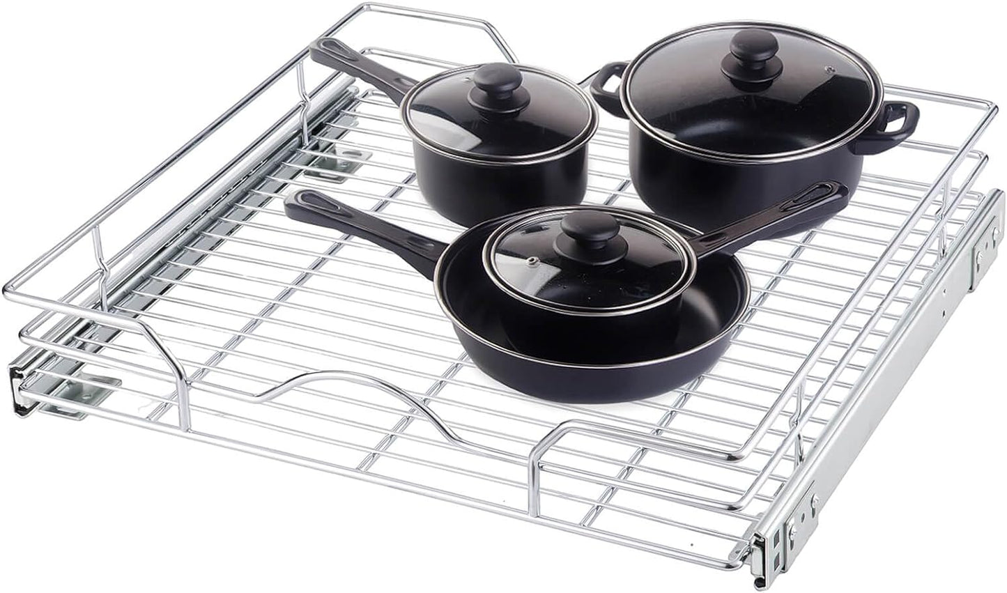 OCG Pull Out Cabinet Organizer (20.75" W x 17" D), Pull Out Shelves 1 Tier, Cabinet Slide Out Shelves for Base Cabinet Organization in Kitchen Bathroom Pantry, Bottom Mount, Chrome Finish