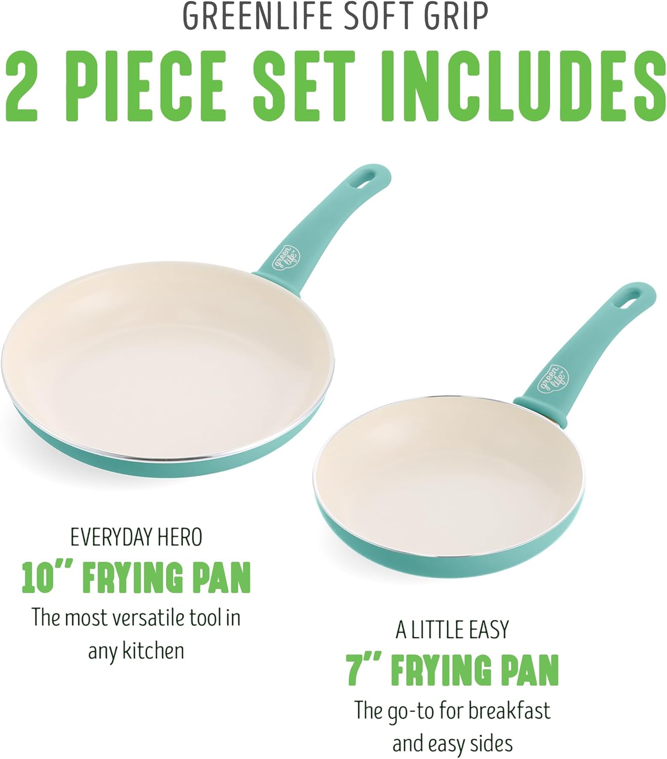 GreenLife Non Stick Fry Pan Set (7" & 10"), Non-Toxic PFAS-Free Ceramic Skillets, Dishwasher & Oven Safe, Egg Omelet Frying Pans, Stay- Cool Handles, Kitchen Home Cooking Essentials, Turquoise