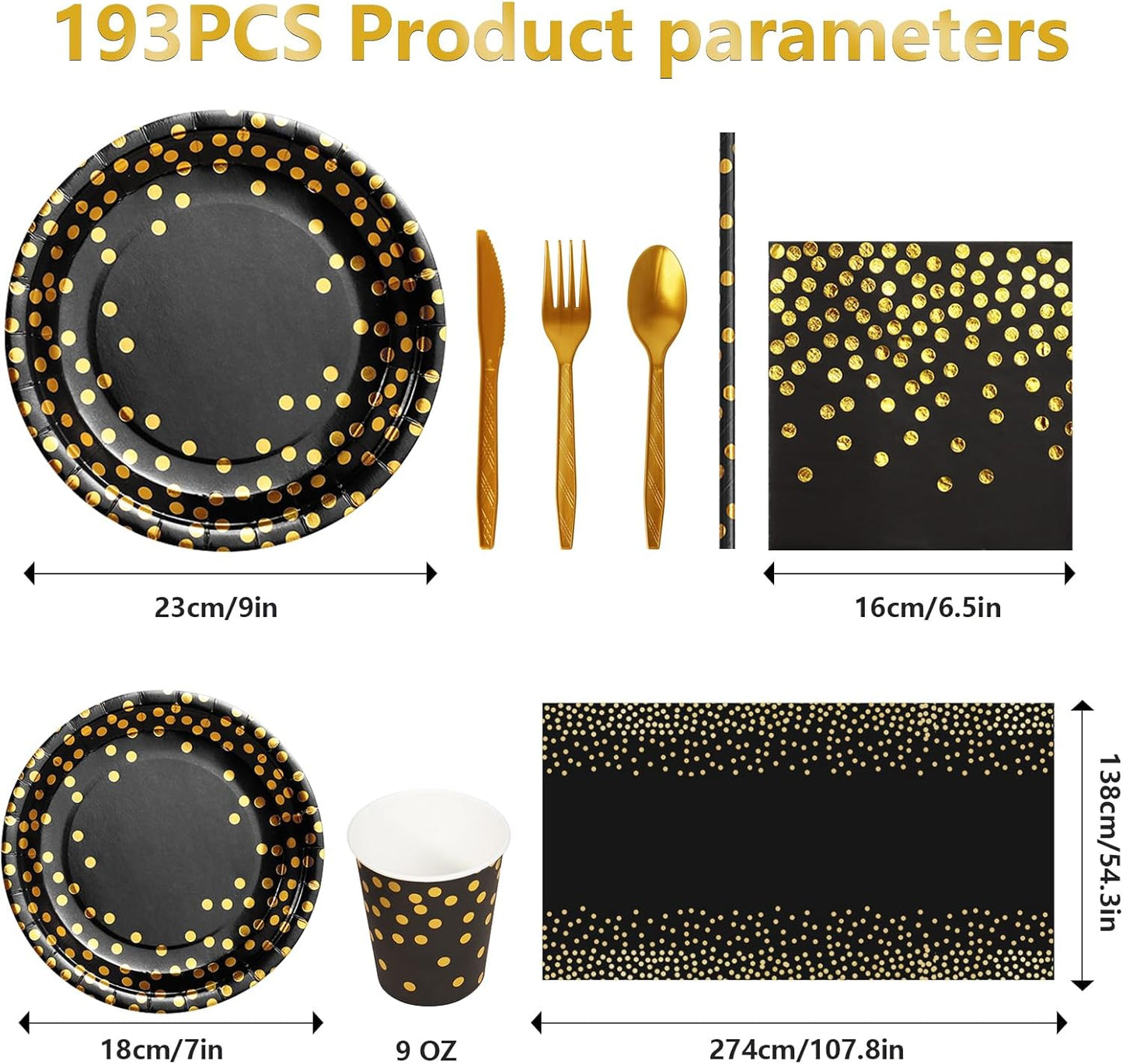 Paper Plates and Napkins Set, 193 Pieces Black Gold Party Supplies Includes Paper Plates Cups Napkins Straws and Cutlery for Birthday Wedding Holidays Parties Decorations-24 Guests
