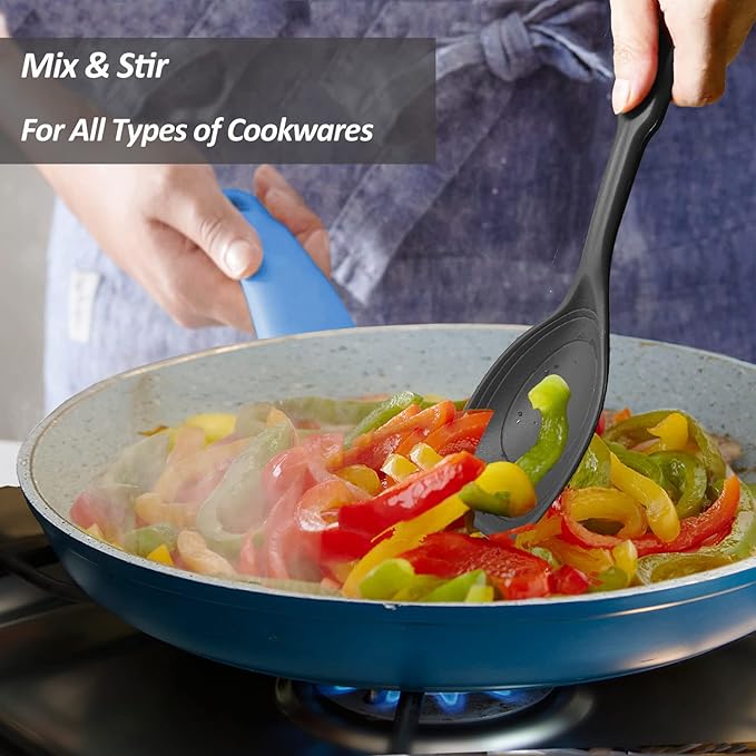 2 Pack Large Silicone Cooking Spoon, Non-Stick Slotted and Solid Spoon set with Deep Bolw and Measurement Mark for Mixing, Serving, Draining, Scooping, Scraping, Heat Resistant Kitchen Utensils, Black