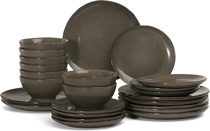 famiware Tempus Plates and Bowls Sets for 8, 24 Pieces Stoneware Dinnerware Sets, Dishes Set, Reactive Glaze Dishware Sets, Dishwasher & Microwave Safe - Dark Olive