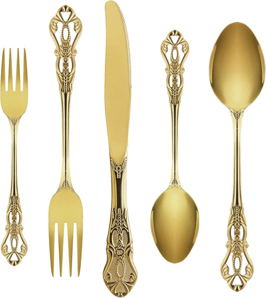 Gold Silverware Set for 8, Stainless Steel Gorgeous Retro Royal Flatware, 40-Pieces Cutlery Tableware, Kitchen Utensils Include Spoons and Forks, Mirror Finish, Dishwasher Safe