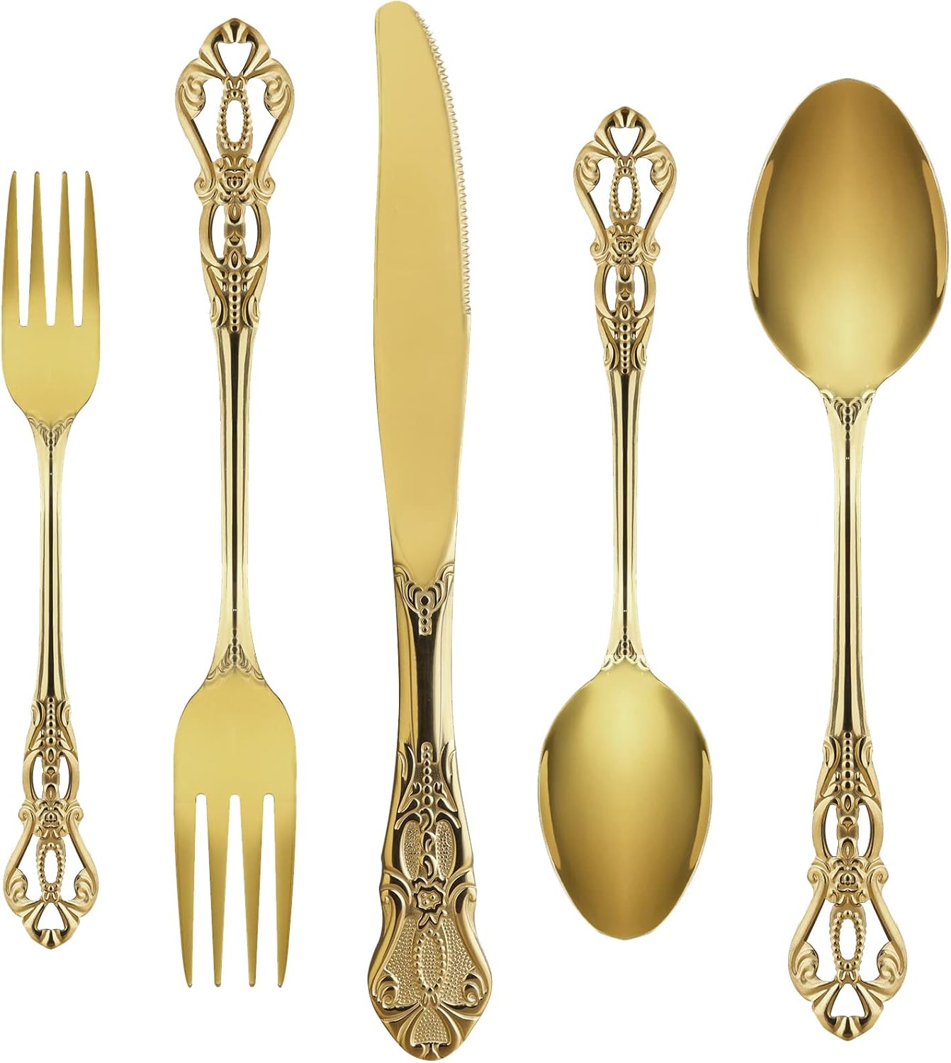 Gold Silverware Set for 12, Stainless Steel Gorgeous Retro Royal Flatware Set, 60-Pieces Cutlery Tableware set, Kitchen utensils set Include Spoons And Forks Set, Mirror Finish, Dishwasher Safe
