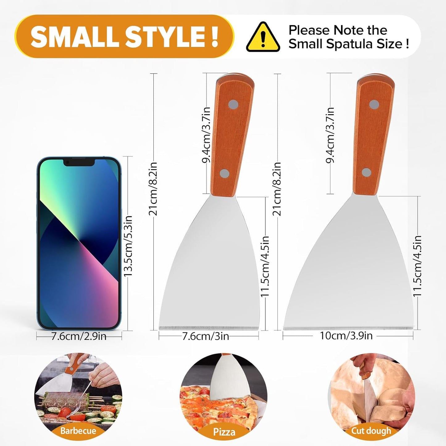 Small Flat Metal Spatula Scraper Set,2 Pcs Stainless Steel Dough Food Scraper Kitchen Tool, Griddle Grill Scrapers for Flat Tops Pancake Pizza Burgers Cooking Cutting Flipping Cleaning, Slant Edge