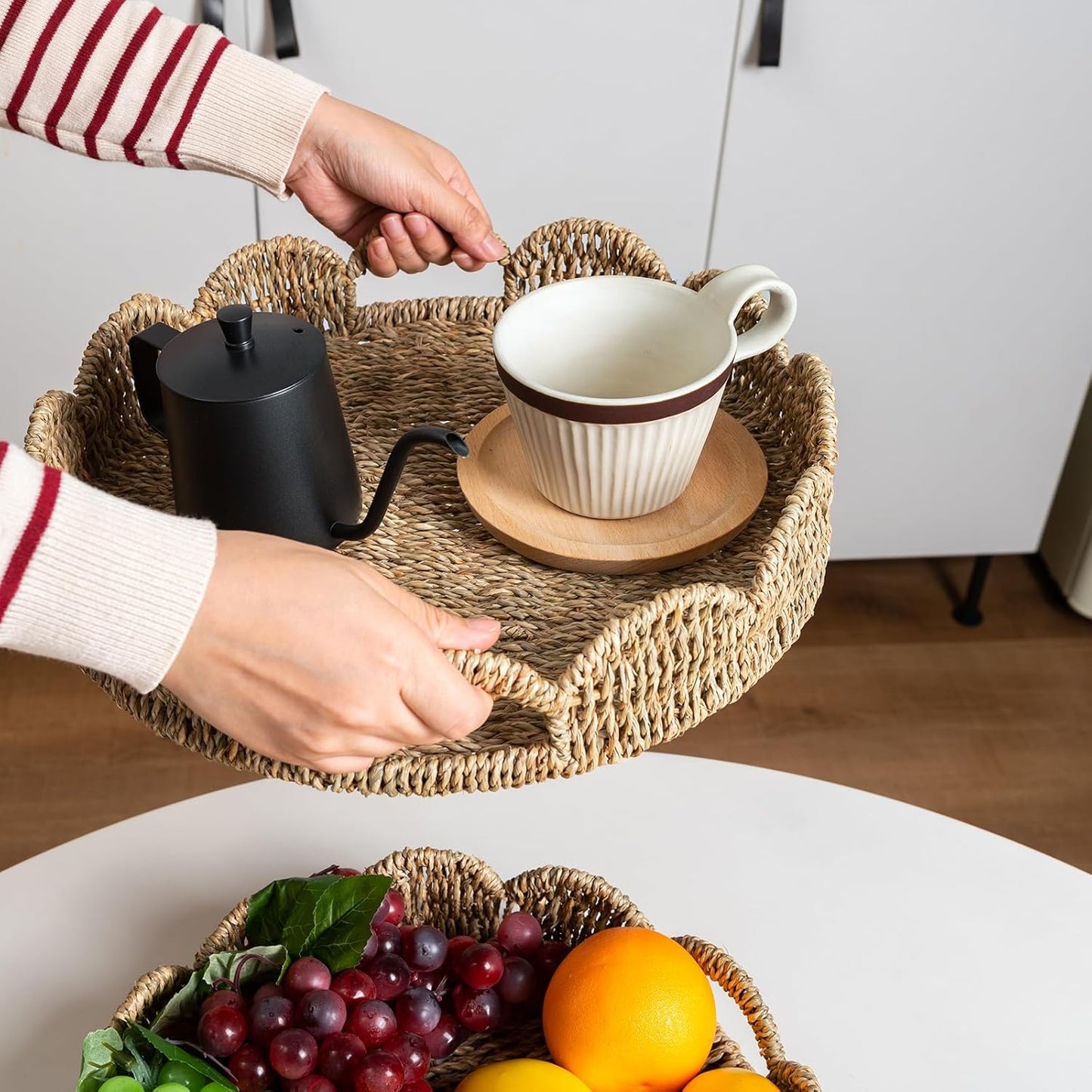 Scalloped Serving Tray, 13.8" Woven Round Table Decor Tray, Wicker Rattan Basket with Handles, Natural Seagrass Tray for Room Decor, Set of 2