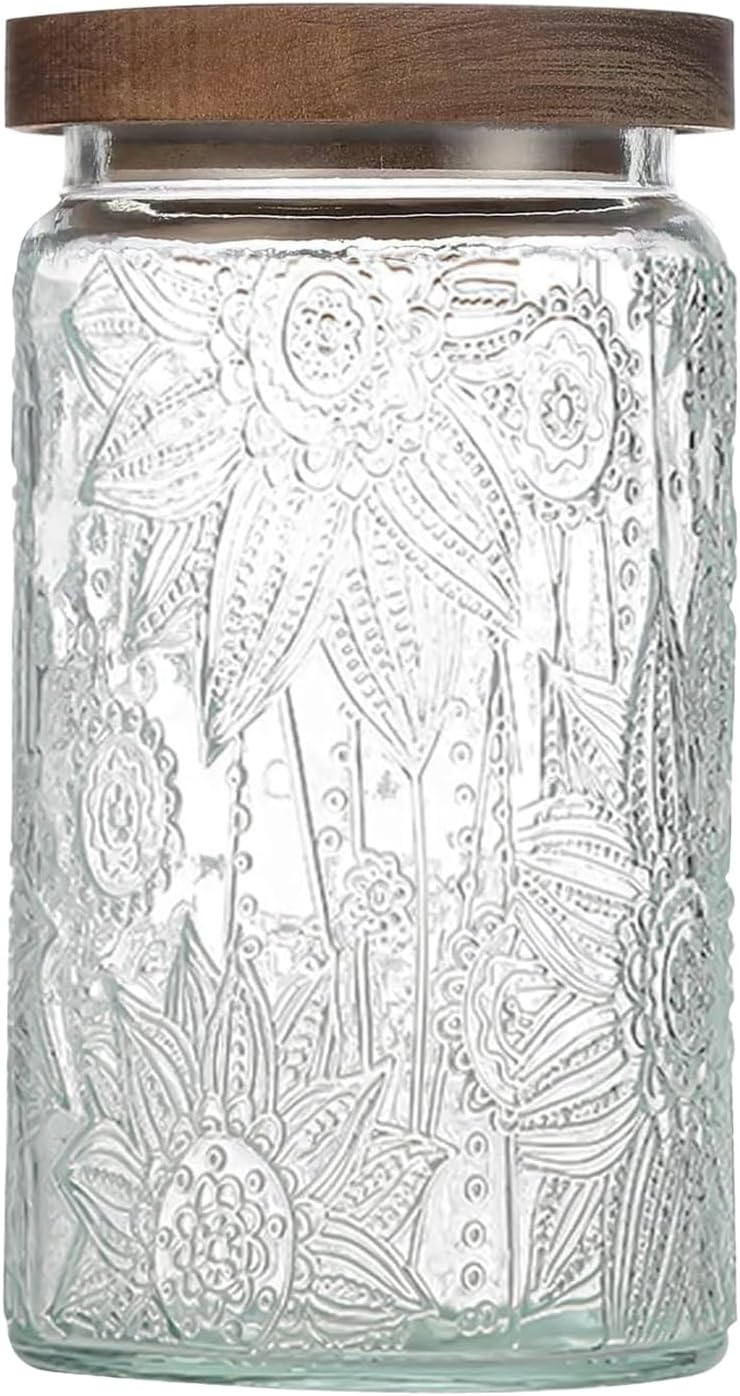 34 OZ Airtight Glass Storage Jar with Bamboo Lid - Vintage Glass Jar Vintage Food Containers Canisters Set for Kitchen Counter & Pantry - Ideal for Sugar, Flour, Coffee, Tea, Candy, Oats, Cereal