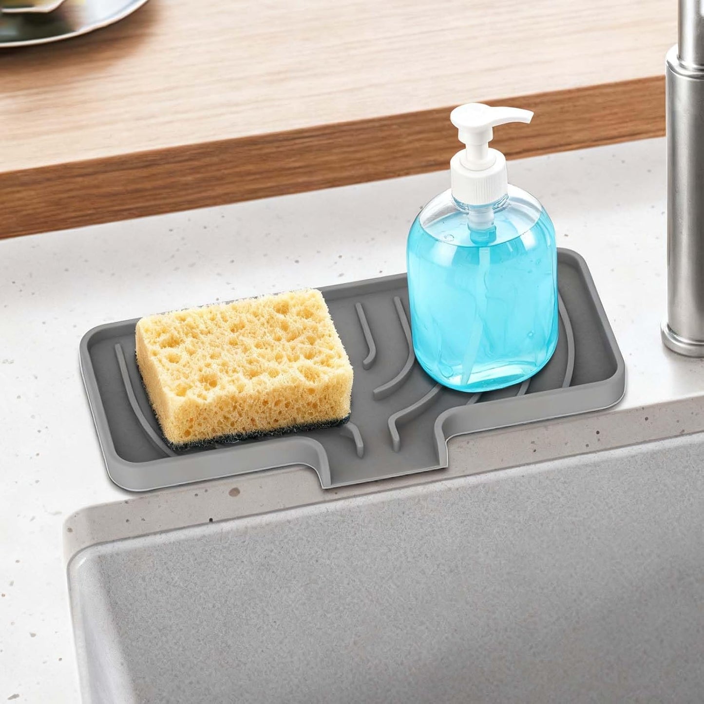 GUUKIN Sponge Holder for Kitchen Sink, 9.8"×4.9" Silicone Sponge Holder, Soap Tray with Drain, Dish Soap Mat for Shower Bathroom, Perfect for Dispenser,Scrubber,Bottle,Cup on Sink or Counter (Grey)