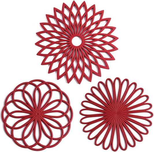 Set of 3 Silicone Trivet Mat - Hot Pot Holder Hot Pads for Table & Countertop - Trivet for Hot Dishes - Non-Slip & Heat Resistant Modern Kitchen Hot Pads for Pots & Pans,Merlot Red