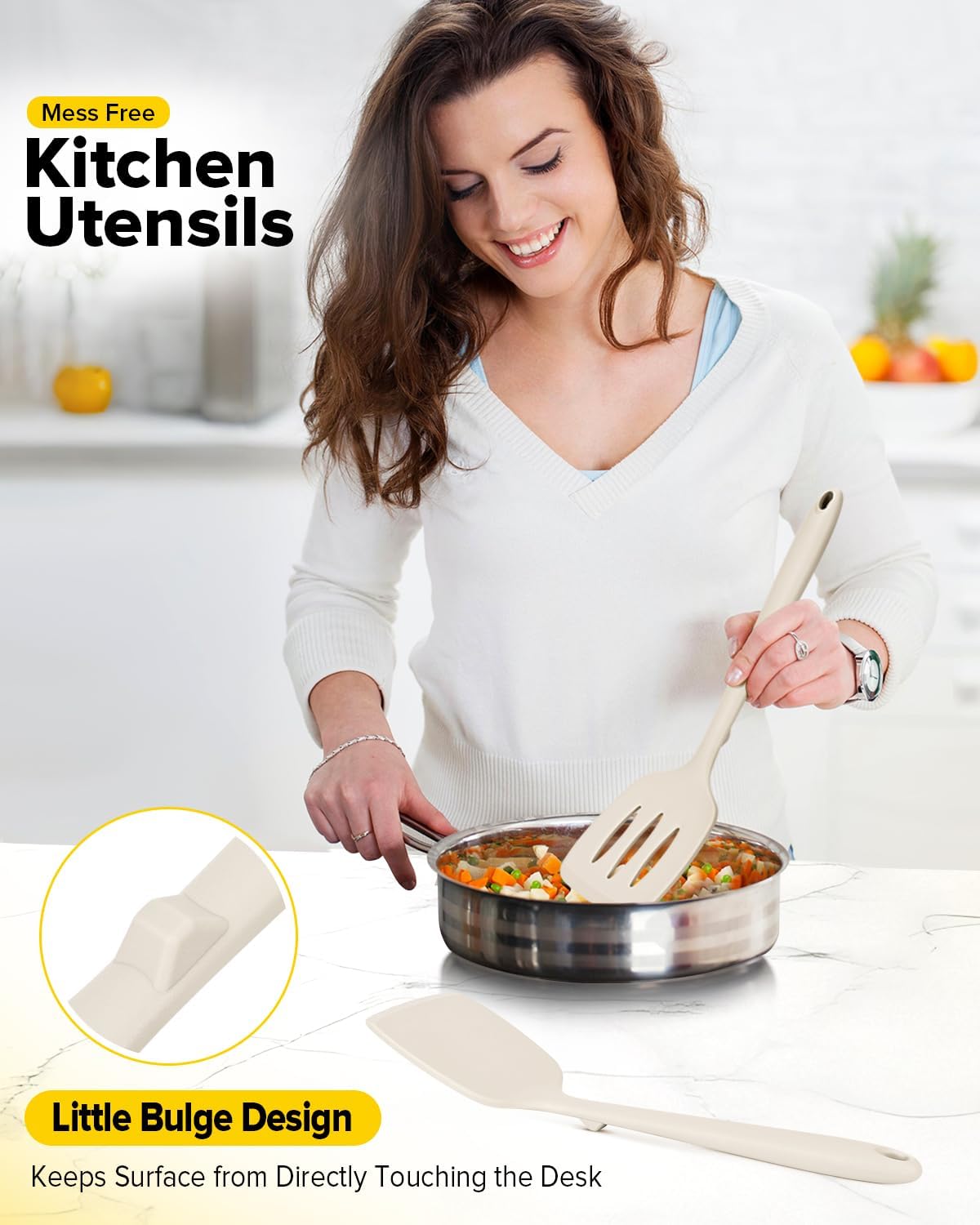 Pack of 2 Silicone Spatula Turners, Non Stick Slotted Kitchen Spatula Set, Heat Resistant BPA Free Kitchen Utensils, One-Piece Design, Suitable for Flipping Fish, Eggs, Steak, Pancakes(KHAKI)