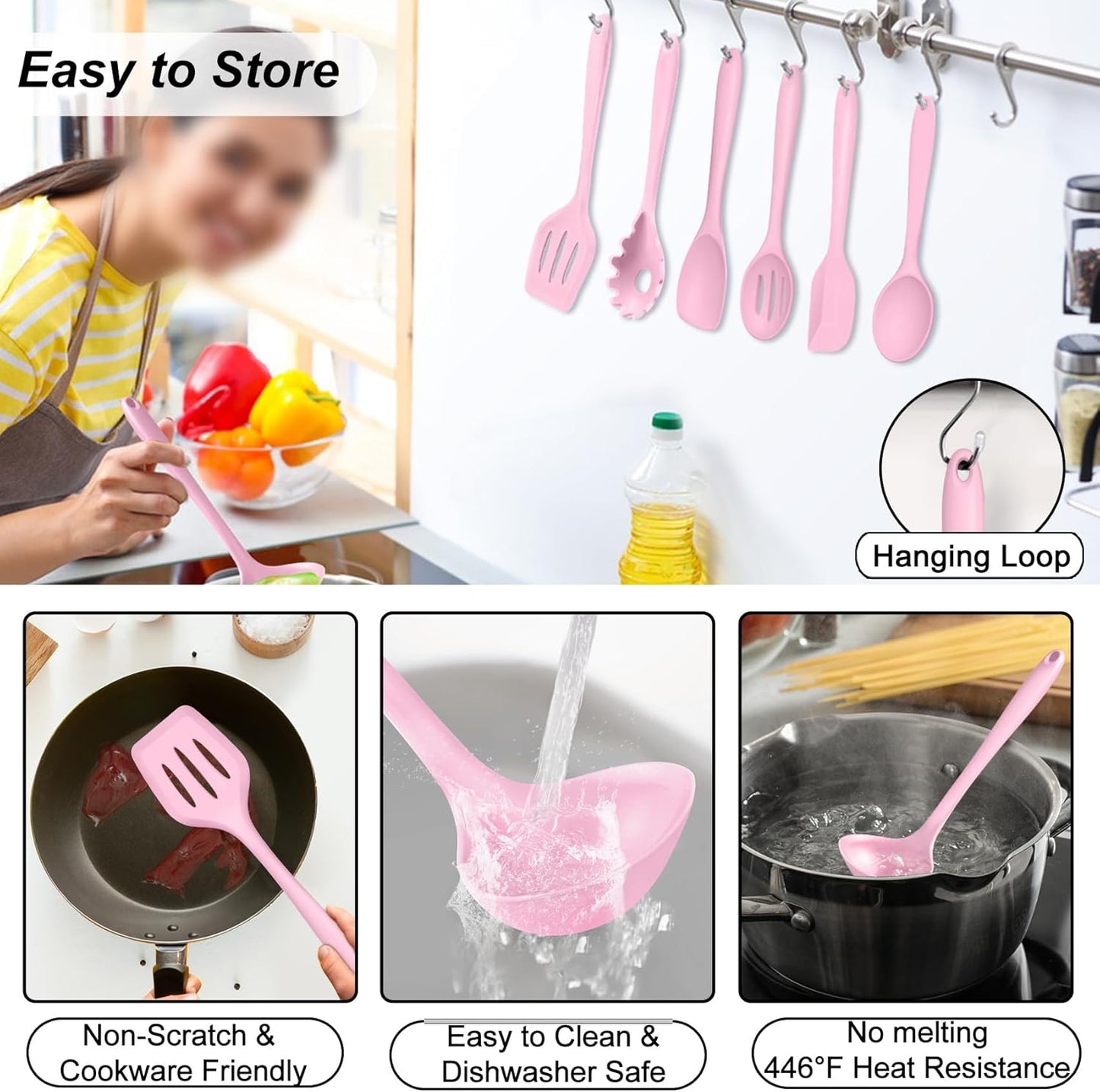TeamFar Silicone Cooking Utensil Set of 7, Kitchen Nonstick Tools Turner Spoon Spatula Ladle Pasta Server for Nonstick Cookware, Healthy & One-Piece, Anti-Heat & Dishwasher Safe - Pink