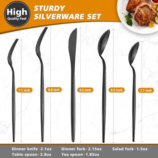 Matte Black Silverware Set, Oliviola 60-Piece Stainless Steel Flatware Cutlery Set Service for 12, Satin Finish Kitchen Utensil Set, Dishwasher Safe