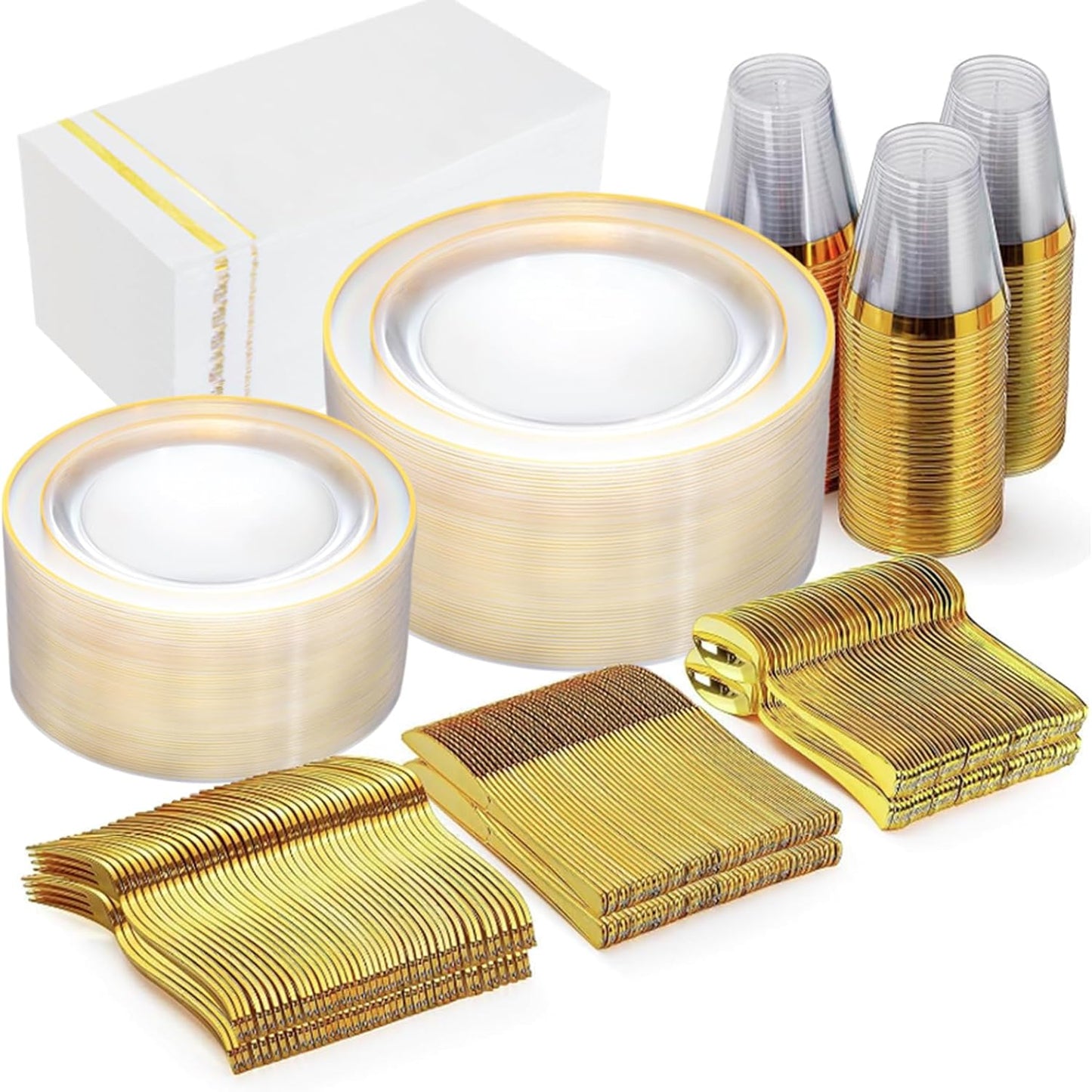 GATHER 350PCS Clear Gold Plastic Plates - Disposable Gold Dinnerware Sets Includes 100 Gold Rim Plastic Plates, 150 Silverware, 50 Napkins, 50 Cups for Party, Wedding & Birthday & Thanksgiving