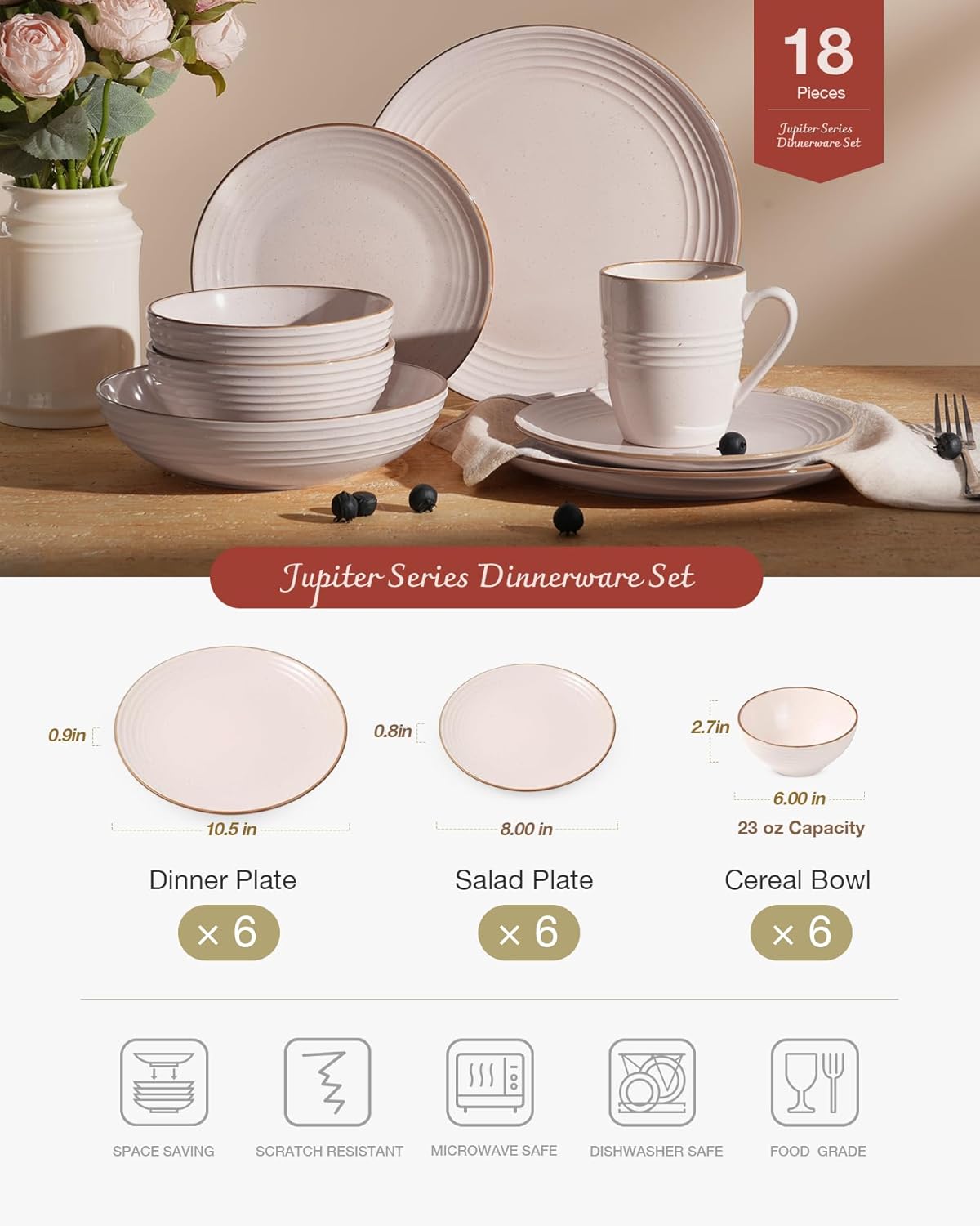 Famiware Jupiter Dinnerware Set, Plates and Bowls Dish Sets for 6 (18 Pieces), Microwave and Dishwasher Safe Stoneware Speckled Tableware, Chip and Scratch Resistant, Light Pink