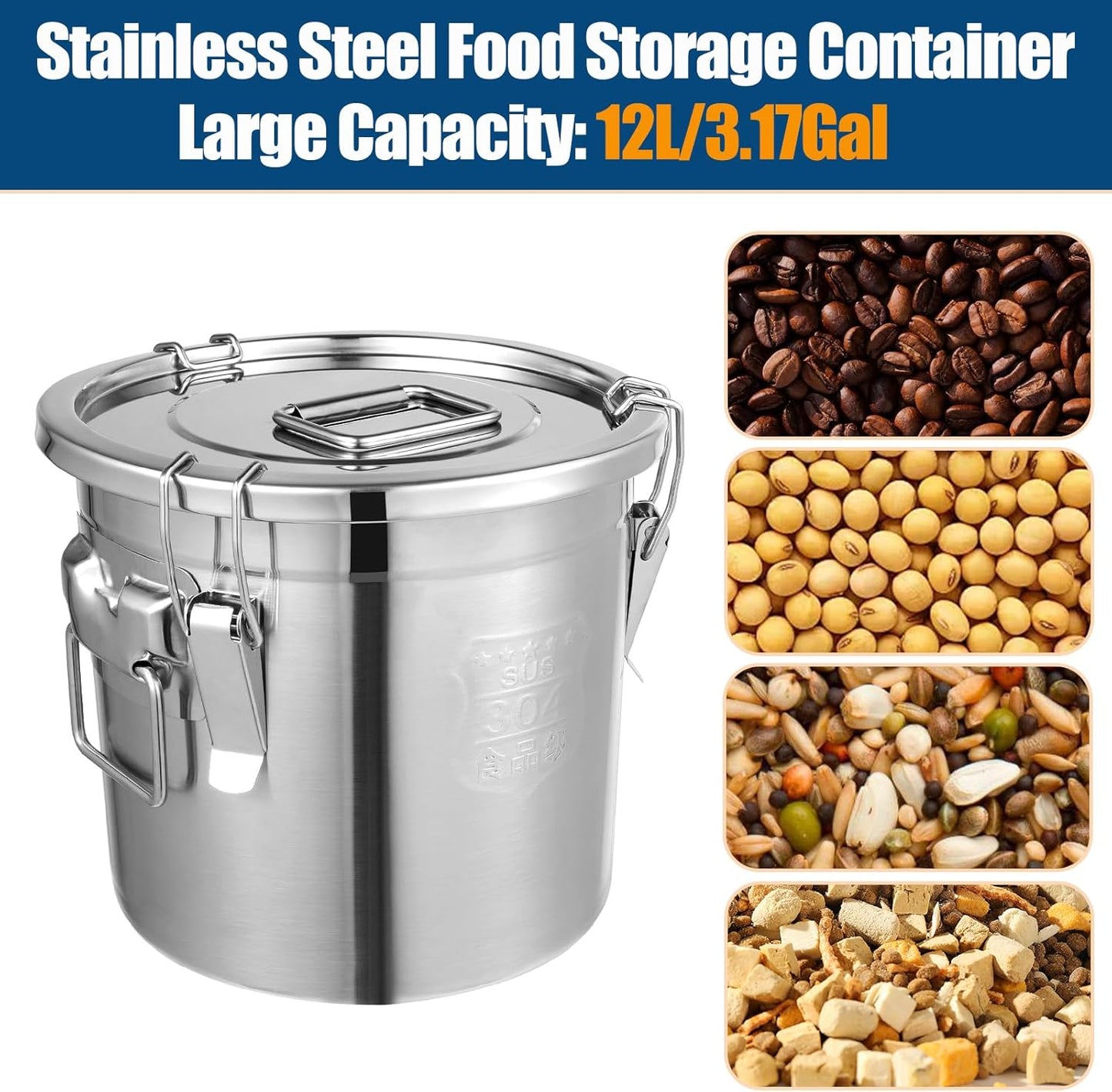 304 Stainless Steel Airtight Canister, 3.17Gal/405oz/12L Airtight Food Storage Container with Lid Lock Clips, Flour Container Metal Bucket Food Storage Container for Rice, Flour, Grain, Coffee Bean