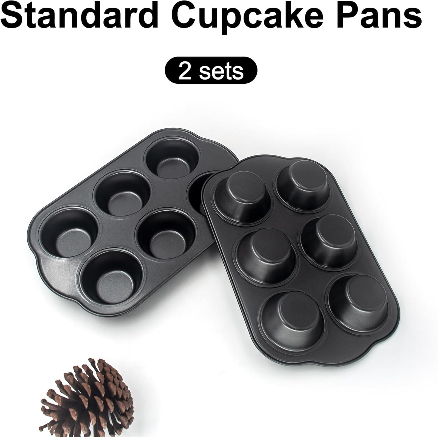 Non-Stick Standard Muffin Pans, 2.95" 6-Cup Set of 2 Baking Pans, Heavy Duty Carbon Steel Tins for Standard Muffins & Cupcakes