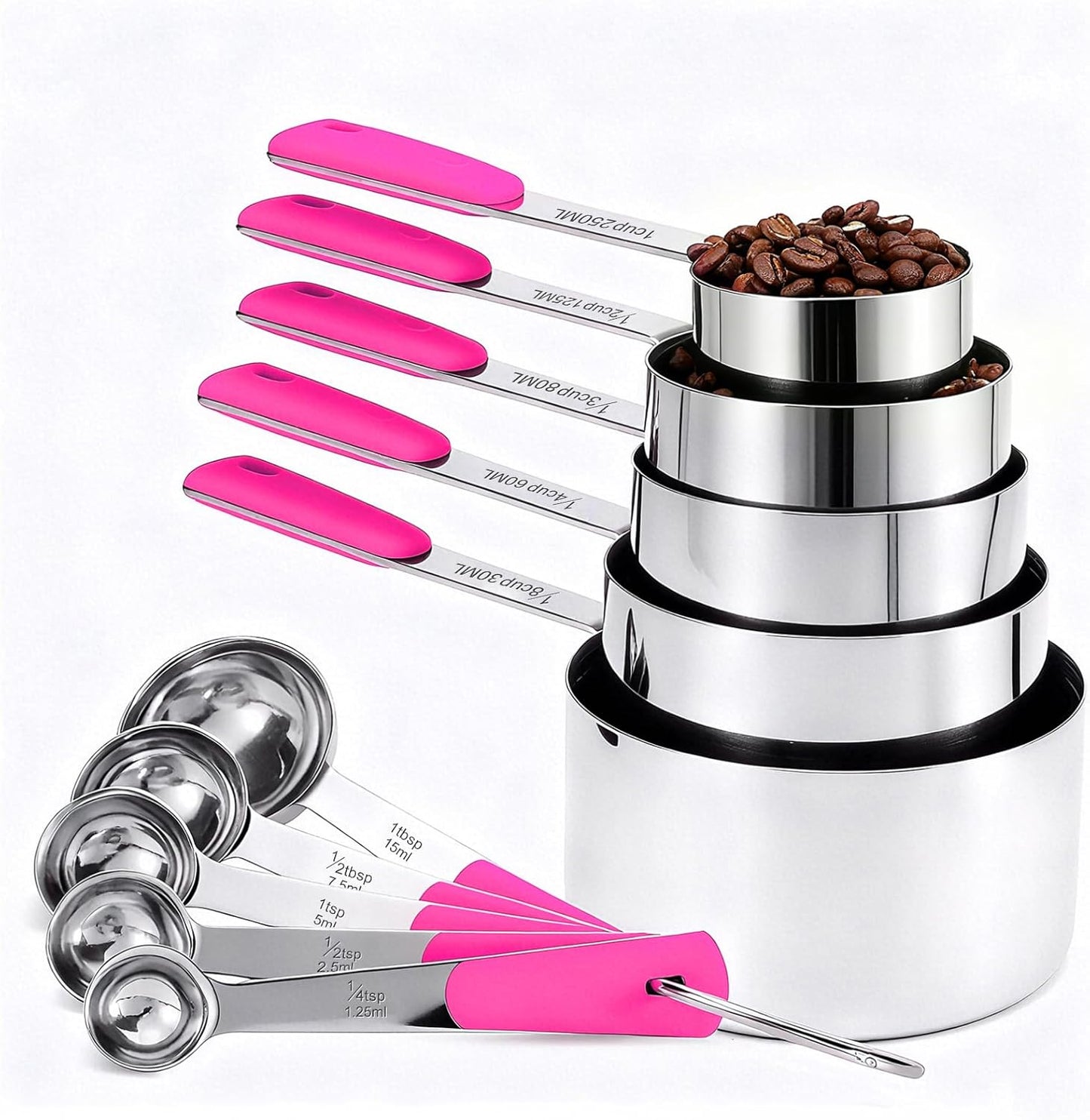 Measuring Cups and Spoons Set, Stainless Steel 10 Piece for Cooking and Baking (5 Cups + 5 Spoons, Pink Handle)