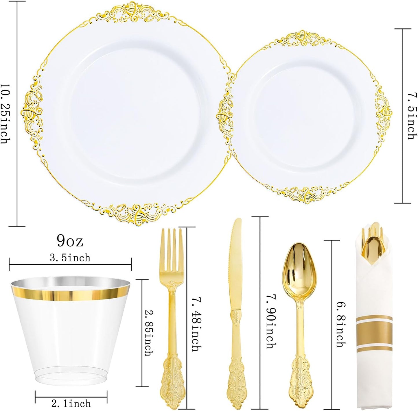 Nervure 175PCS Gold Plastic Plates - Disposable White Gold Party Plates & Pre Rolled Napkins with Cutlery for 25 Guests, 50Plates, 75Silverware, 25Cups, 25Napkin for Wedding & Party & Thanksgiving