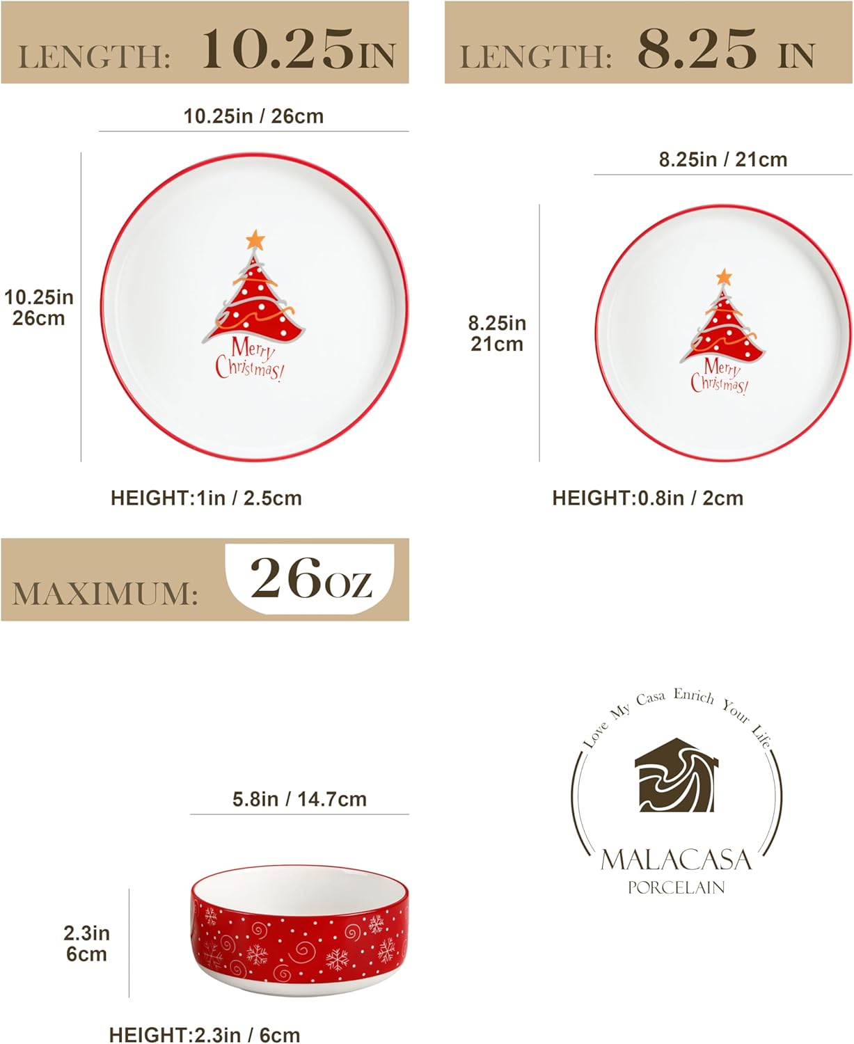 MALACASA Plates and Bowls Sets, 18 Pieces Christmas Porcelain Dinnerware Set for 6, Ceramic Dishware Dishes Kitchen Dining Ware Set, Microwave and Dishwasher Safe, Series LUNA-Christmas Tree