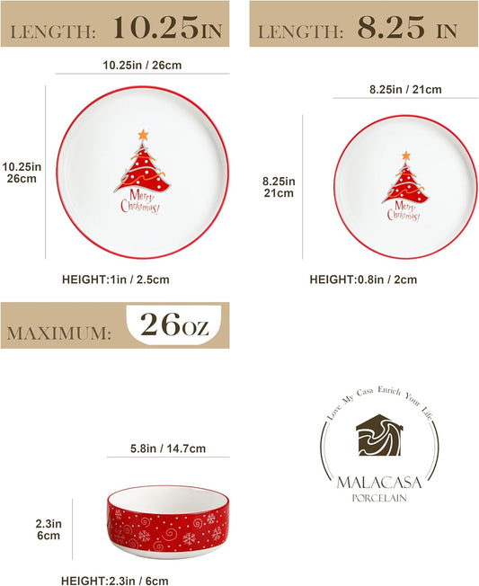 MALACASA Plates and Bowls Sets, 18 Pieces Christmas Porcelain Dinnerware Set for 6, Ceramic Dishware Dishes Kitchen Dining Ware Set, Microwave and Dishwasher Safe, Series LUNA-Christmas Tree