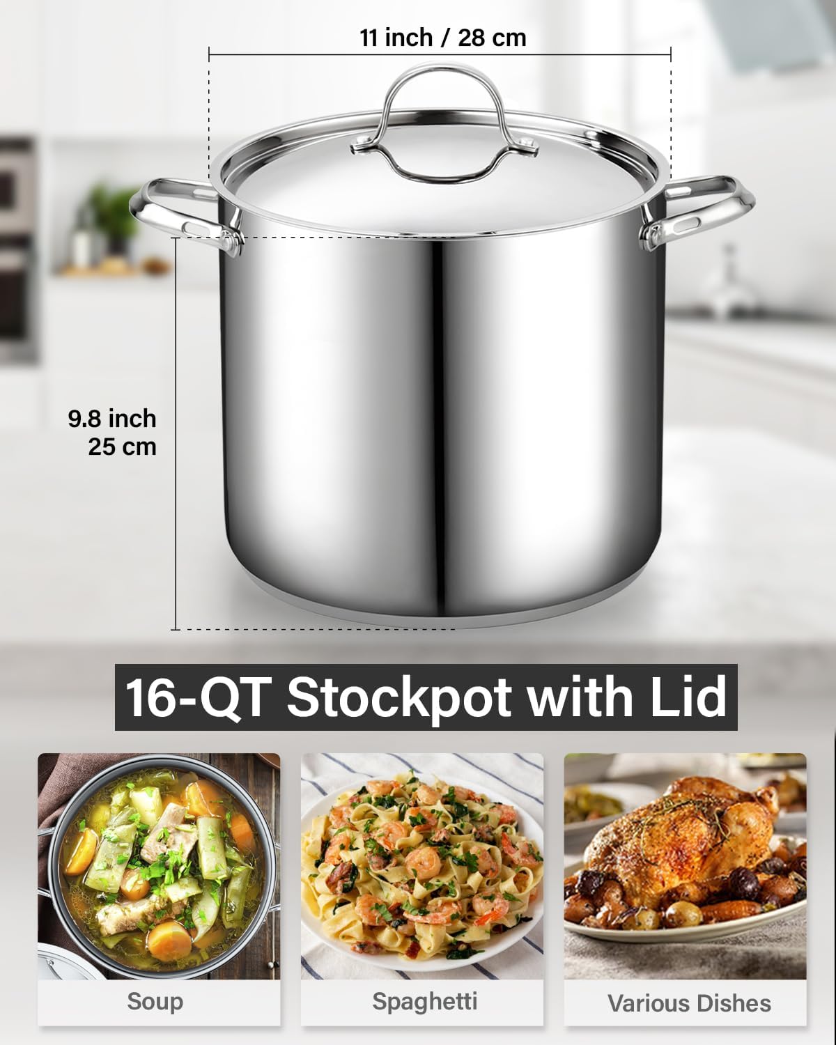 Cooks Standard 18/10 Stainless Steel Stockpot 16-Quart, Classic Deep Cooking Pot Canning Cookware with Stainless Steel Lid, Silver