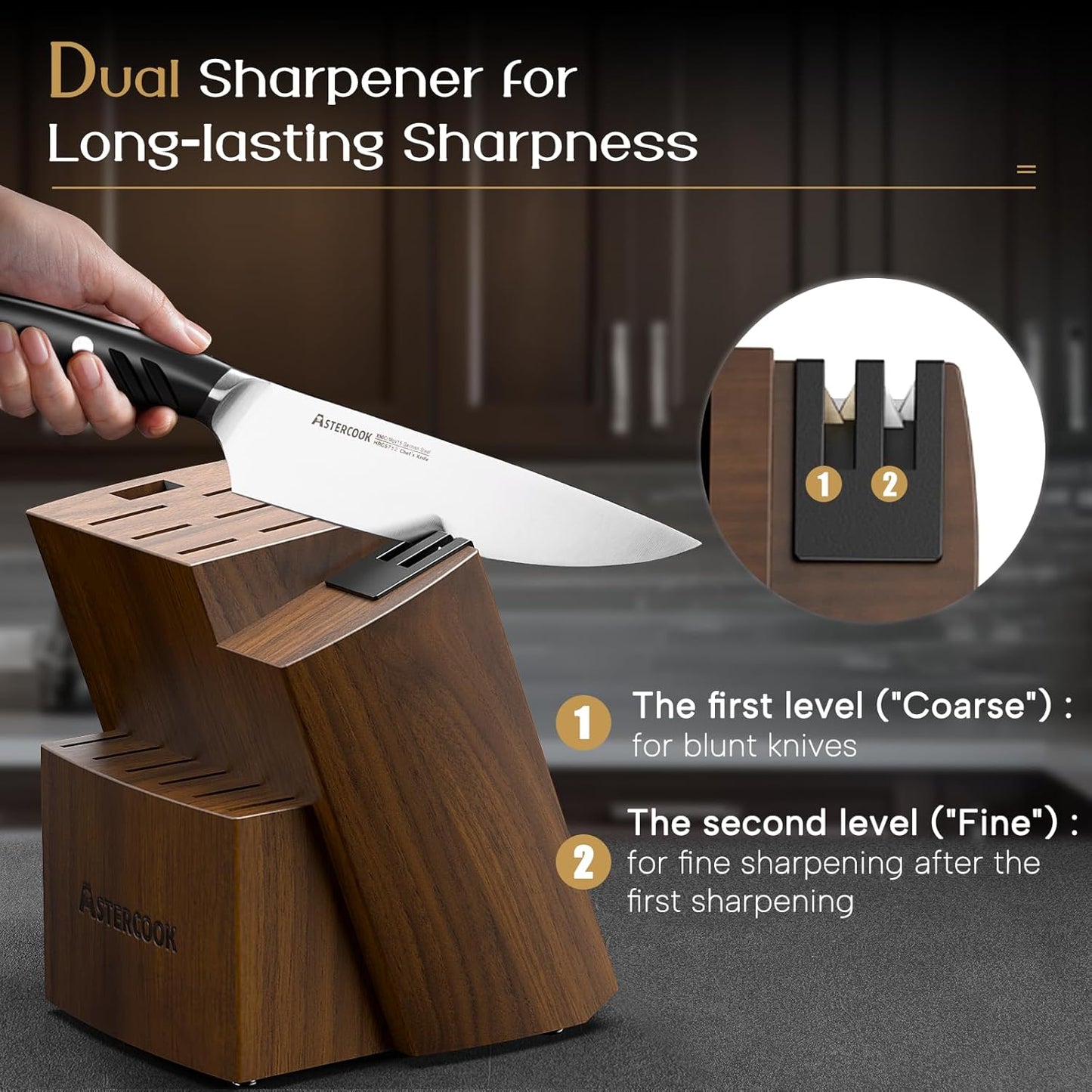 Astercook Knife Set, Kitchen Knives Set with Block and Dual Sharpener Full Tang 15 Pcs German Stainless Steel Knives Sharp Blade Dishwasher Safe Knife Set with Ergonomic Handle, Elegant Black