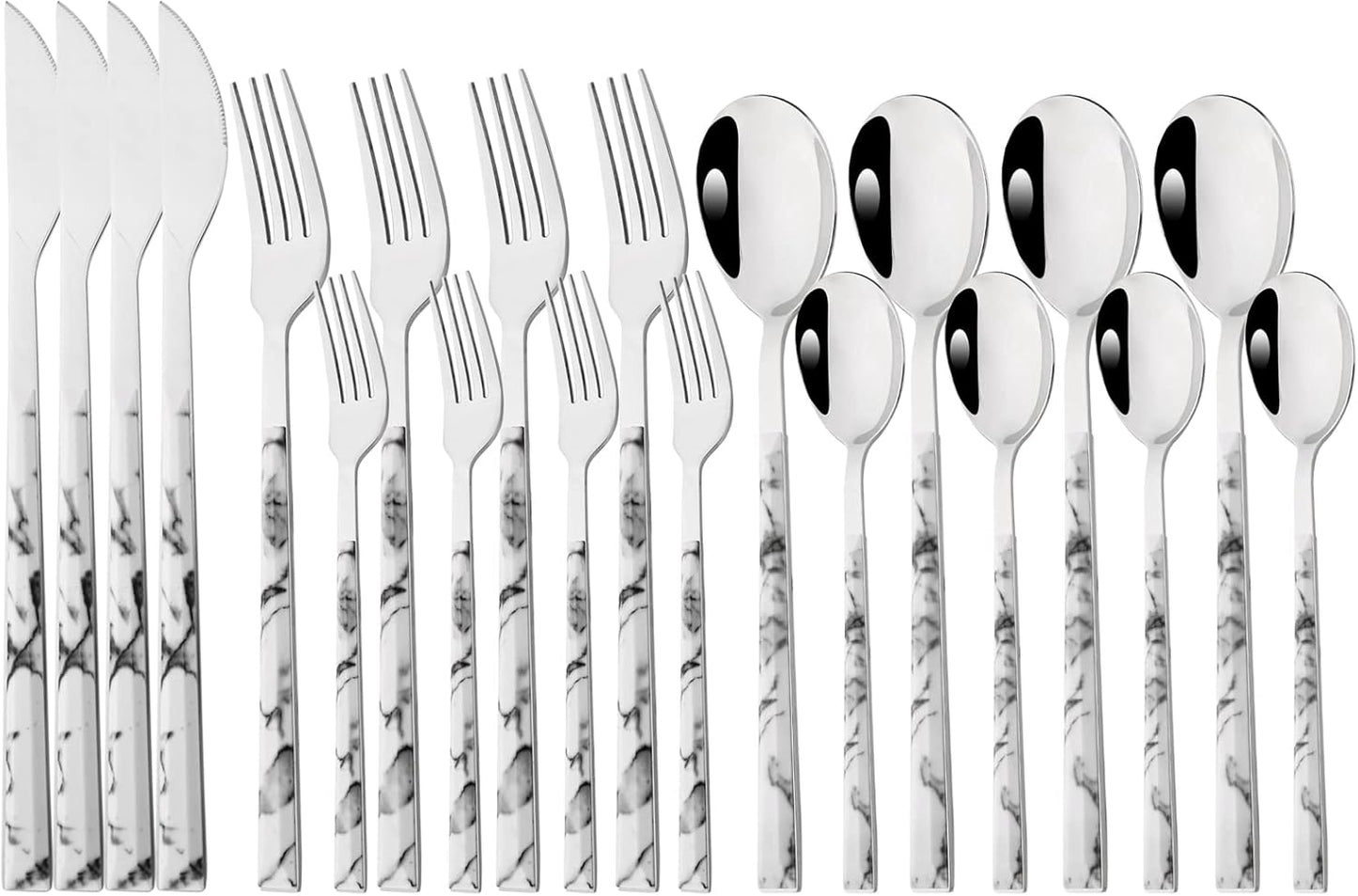 20 Piece (4 Set) Silver Stainless Steel Tableware With White Marble Handle, Wedding Cutlery And Daily Use, Silverware For Home Restaurant Party, Mirror Finished