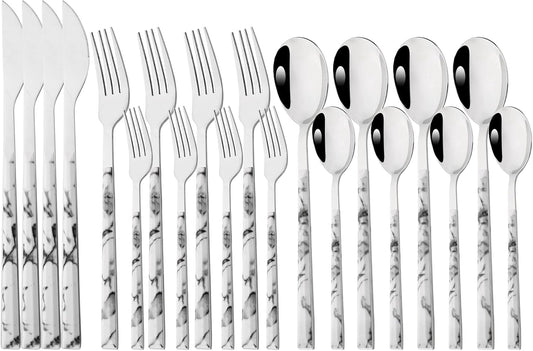 20 Piece (4 Set) Silver Stainless Steel Tableware With White Marble Handle, Wedding Cutlery And Daily Use, Silverware For Home Restaurant Party, Mirror Finished
