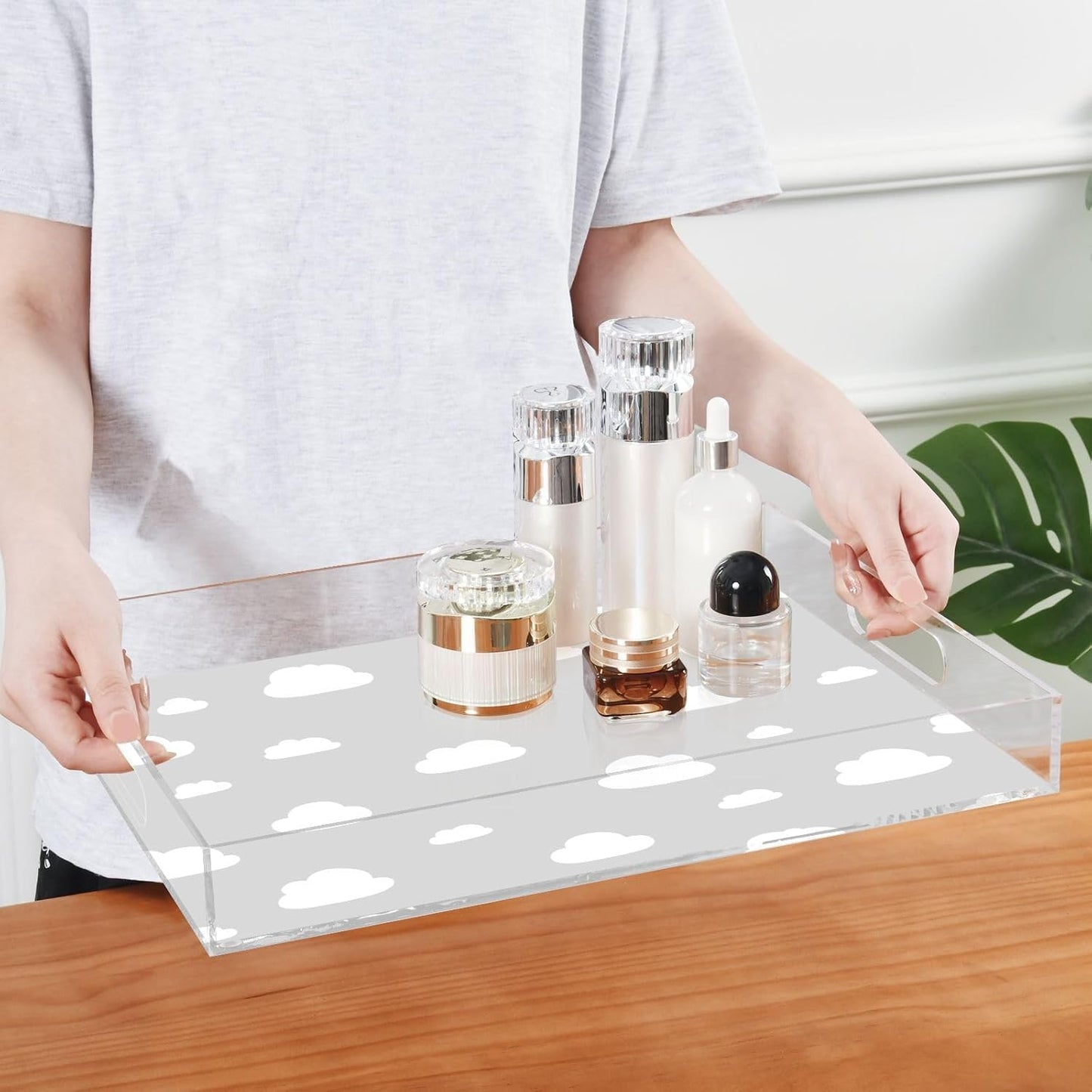 Acrylic Serving Tray with Handles Spill Proof Kitchen Storage Tray Clear Decorative Tray Makeup Drawer Organizer Storage Tray for Bathroom Living Room Ottoman 15.7x11.8Inches
