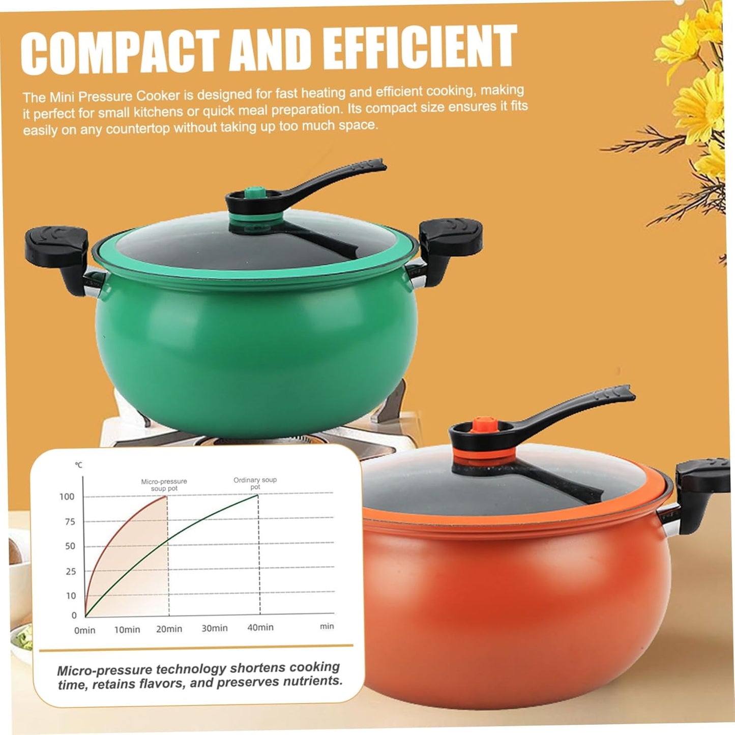 Micro Pressure Pot, 11inch Fast Heating Mini Pressure Cooker with Lock Handle, Non-stick Micro Stockpot for Gas, Induction (Orange)