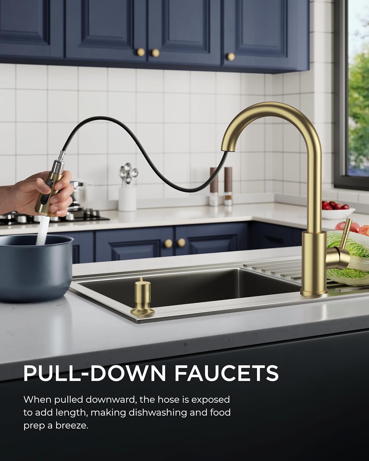 FORIOUS Gold Kitchen Faucet with Soap Dispenser, Single Handle Stainless Steel Transitional Sink Faucet with Pull Down Sprayer 1 or 3 Hole, Suitable for Farmhouse Laundry Camper RV Bar