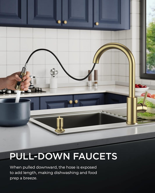 FORIOUS Gold Kitchen Faucet with Soap Dispenser, Single Handle Stainless Steel Transitional Sink Faucet with Pull Down Sprayer 1 or 3 Hole, Suitable for Farmhouse Laundry Camper RV Bar