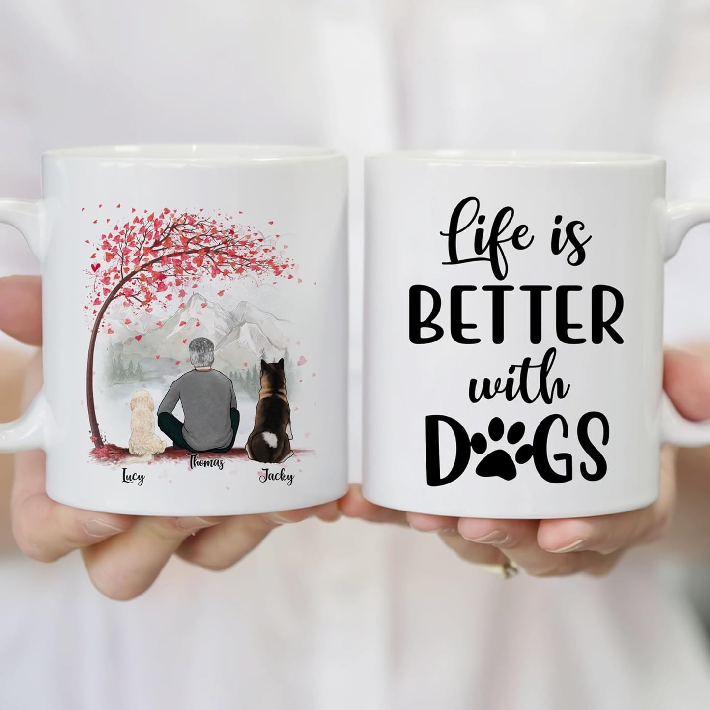 Gossby Personalized Dog Mug - Life is Better with Dogs (Man - 2 Dogs - Pink Tree) - 11oz, 15oz Custom Dog Dad Mugs Coffee with Names, Quotes - Customizable Dog Daddy Gifts for Dog Lovers, Owners