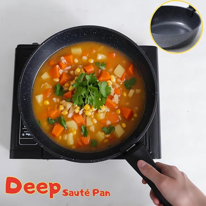 Frying Pan Set with Lid Nonstick Kitchen Cooking Pans 10” Skillets Pots and Pans Set with Detachable Handle Spatula Ladle Tong Induction Cookware Black 3.3QT and 10" Frying Pan Skillet