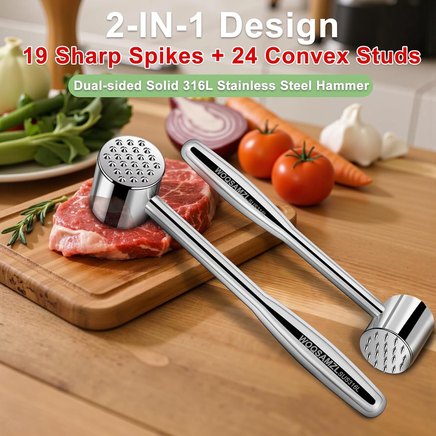 Real 316L Stainless Steel Meat Mallet Tenderizer Tool,Professional 2-in-1 Meat Hammer,Dual-Sided with Spikes & Studs,Commercial Grade Kitchen Solid Mallet Pounder, Heavy Duty 1.09LB,Dishwasher Safe