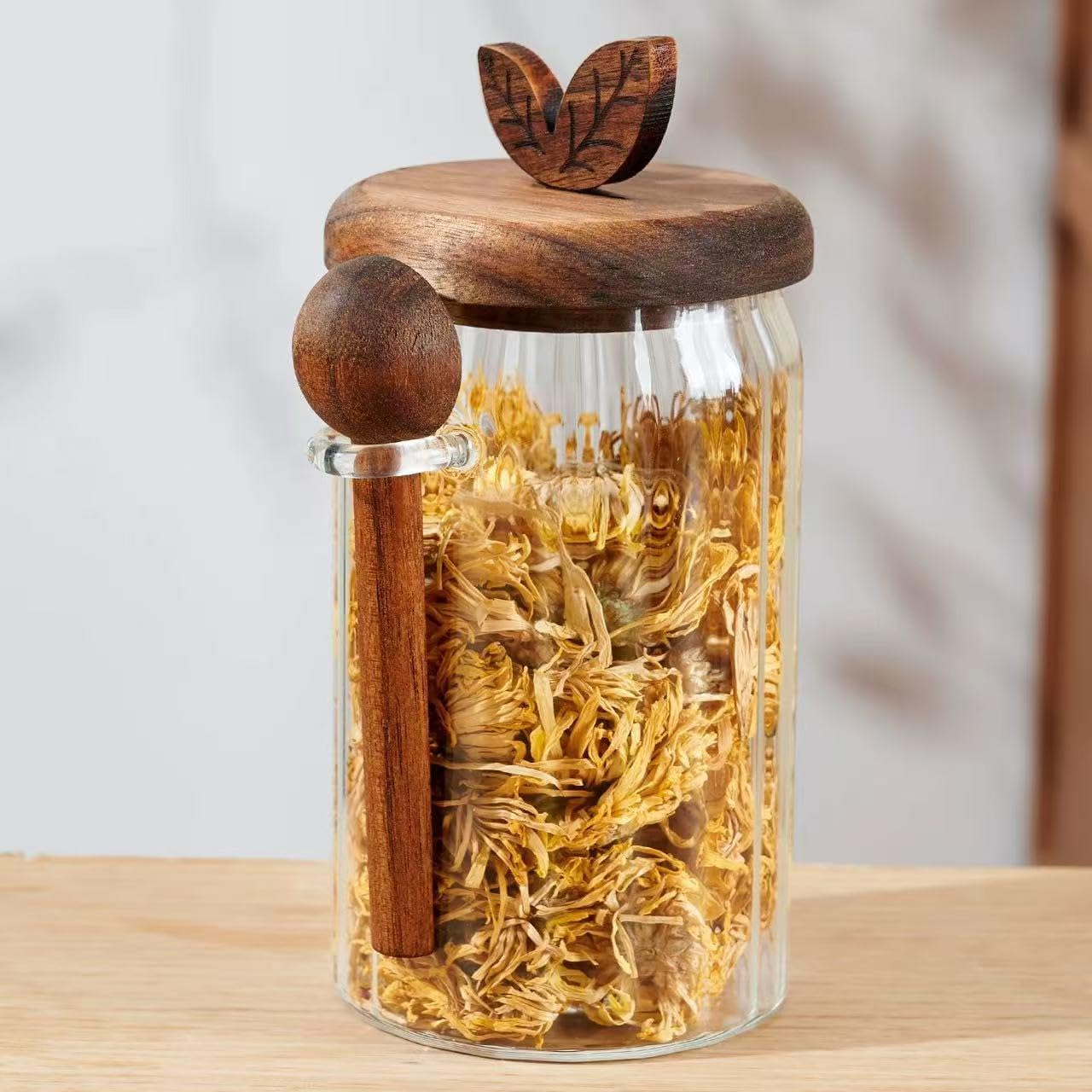 ANSQU 27oz Glass Jar with Wooden Lid and Spoon, Food Storage Containers Coffee Jar Coffee Grounds Container, Glass Food Storage Canister