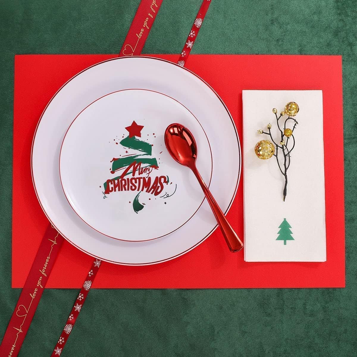 WDF 175pcs Christmas Plates Dinnerware - 25 Guests Unquie Desgin Red Plastic Plates with Green Christmas Tree Pattern, Red Plastic Cutlery, Clear Red Cups and Christmas Tree Napkins