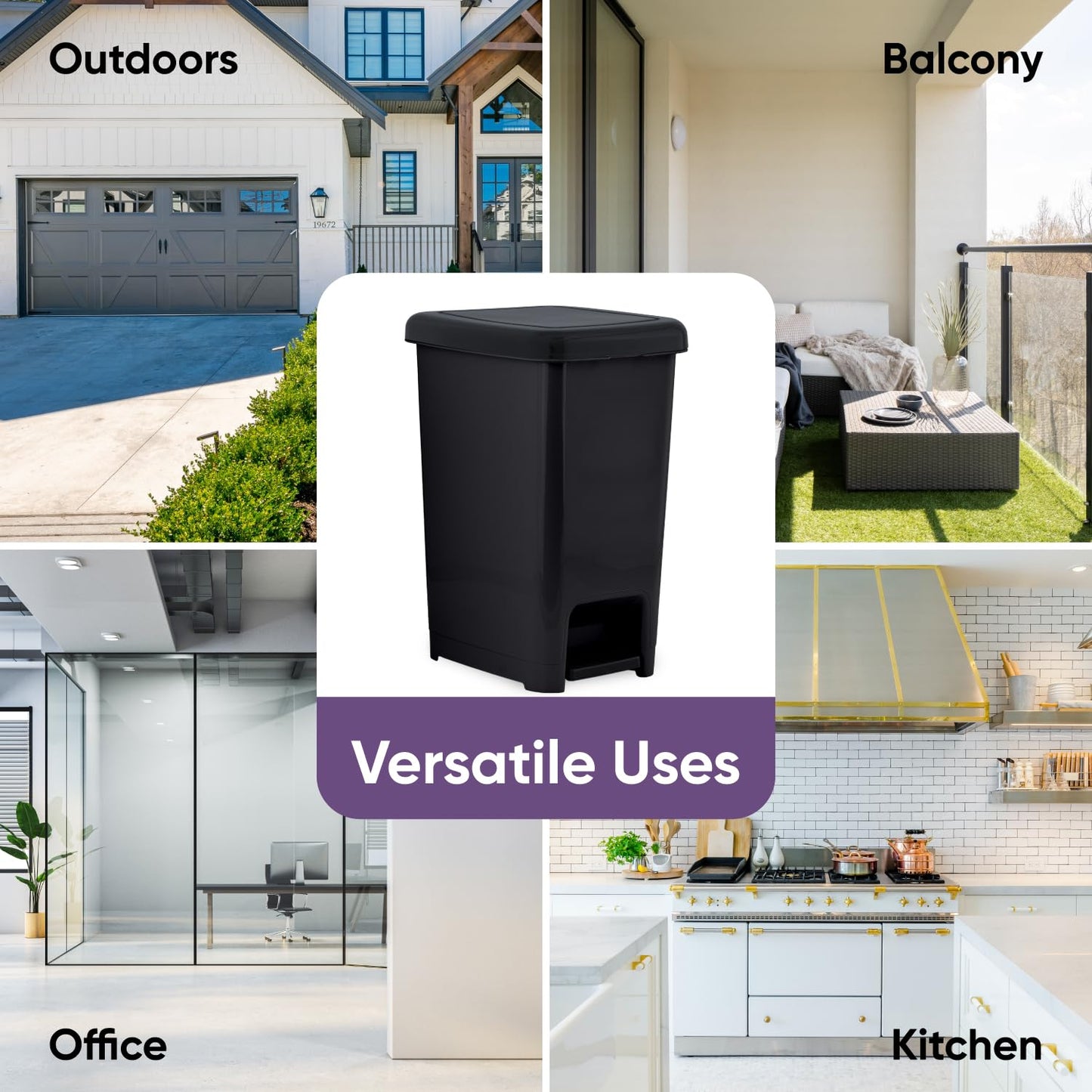 Superio Kitchen Trash Can, Slim Step On Garbage Can with Foot Pedal, 16 Gallon, 64 Qt. Large Black Heavy Duty Plastic Trash and Recycling Bin