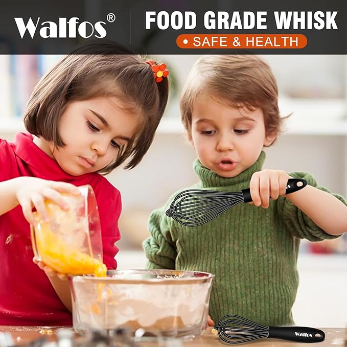 Walfos Silicone Whisk,7+9in Mini Whisk,BPA Free,Small Whisks for Non-Scratch,Heat Resistant (450°F) Nice for stirring individual eggs and mixing small amounts of powder and sauce.Dishwasher Safe.Black