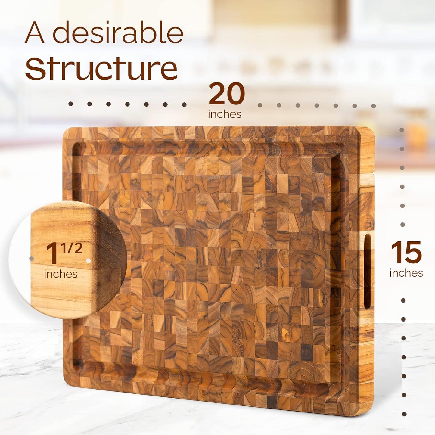 Yes4All Durable Teak Cutting Boards for Kitchen, [20''L x 15''W x 1.5” Thick] Large End Grain Cutting Board, Pre Oiled Wood Cutting Boards, Thick Chopping Board w/Juice Grooves and Easy Grip Handle