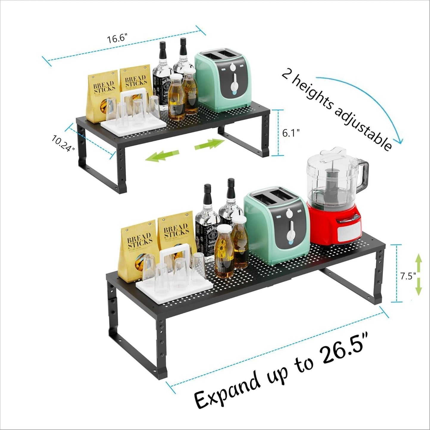 Expandable Adjustable Stackable Kitchen Organizer, Spice Rack,Metal Pantry Storage Shelves Racks,Counter Shelf for Cabinets, Countertop, Cupboard(1 Pack/Large/Black)