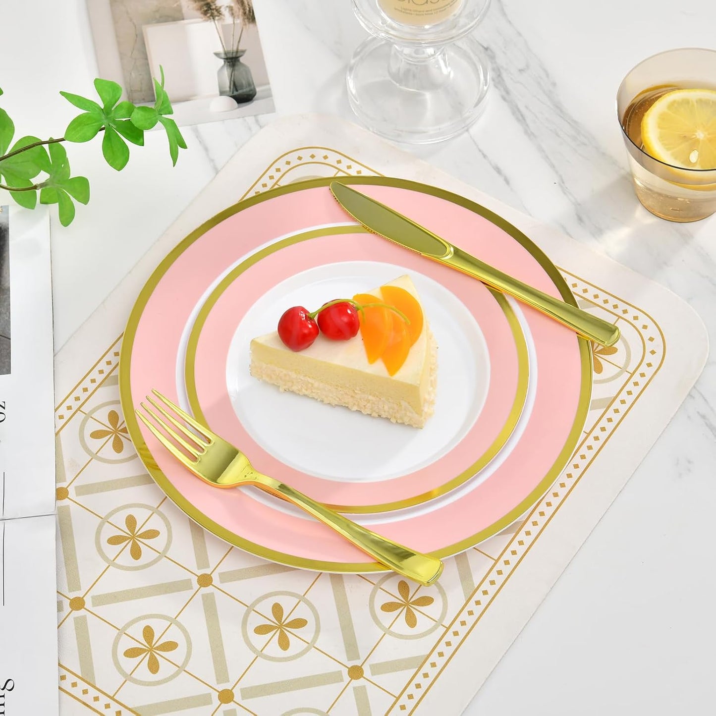 100PCS Pink Disposable Plastic Plates Include 50PCS 10.25inch Dinner Plate and 50PCS 7.5inch Dessert Plate Heavy Duty Plastic Dinnerware for Party Wedding Anniversary New Year